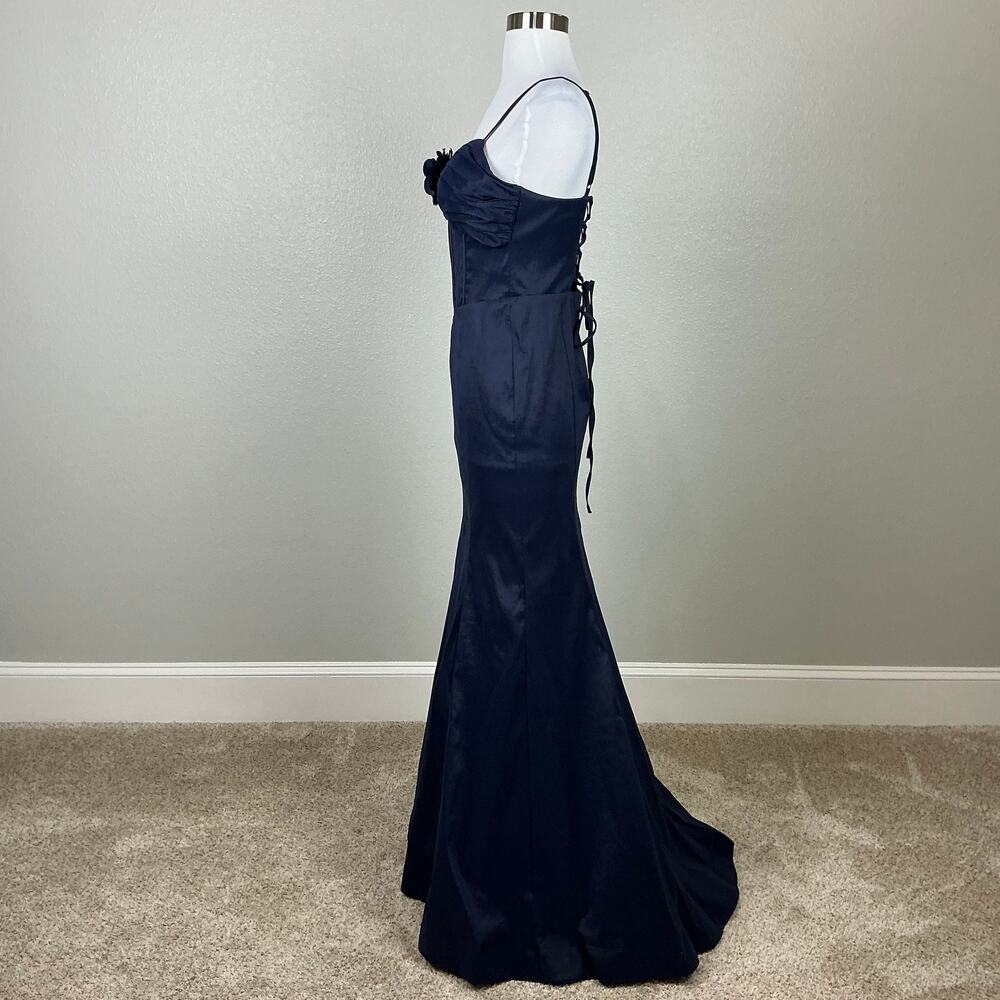 Blondie Nites Navy Blue Evening Gown Satin Lace Up Formal Mermaid Dress Size 7 - Picture 7 of 12
